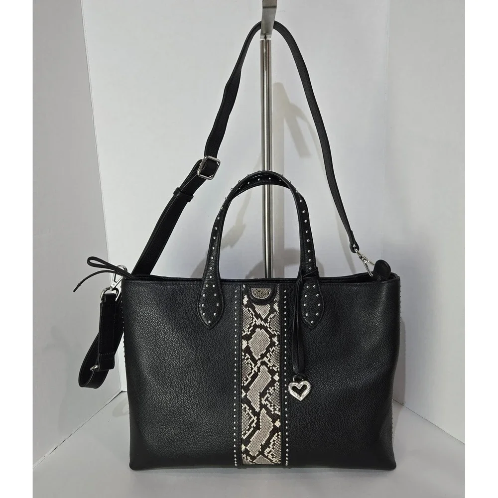 Brighton Tote Bag Black Snakeskin Studded Leather Heart Charm Crossbody